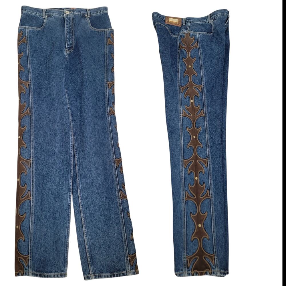Vintage Lawman Jeans 32x33 Blue Western Leather Studded Pant Women Denim Tall‎
